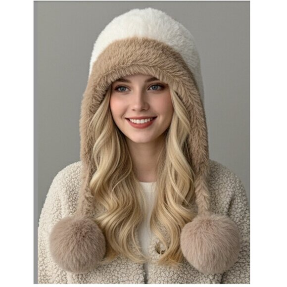 Fur Ball Beanie Winter Hat White/Brown - Picture 1 of 4